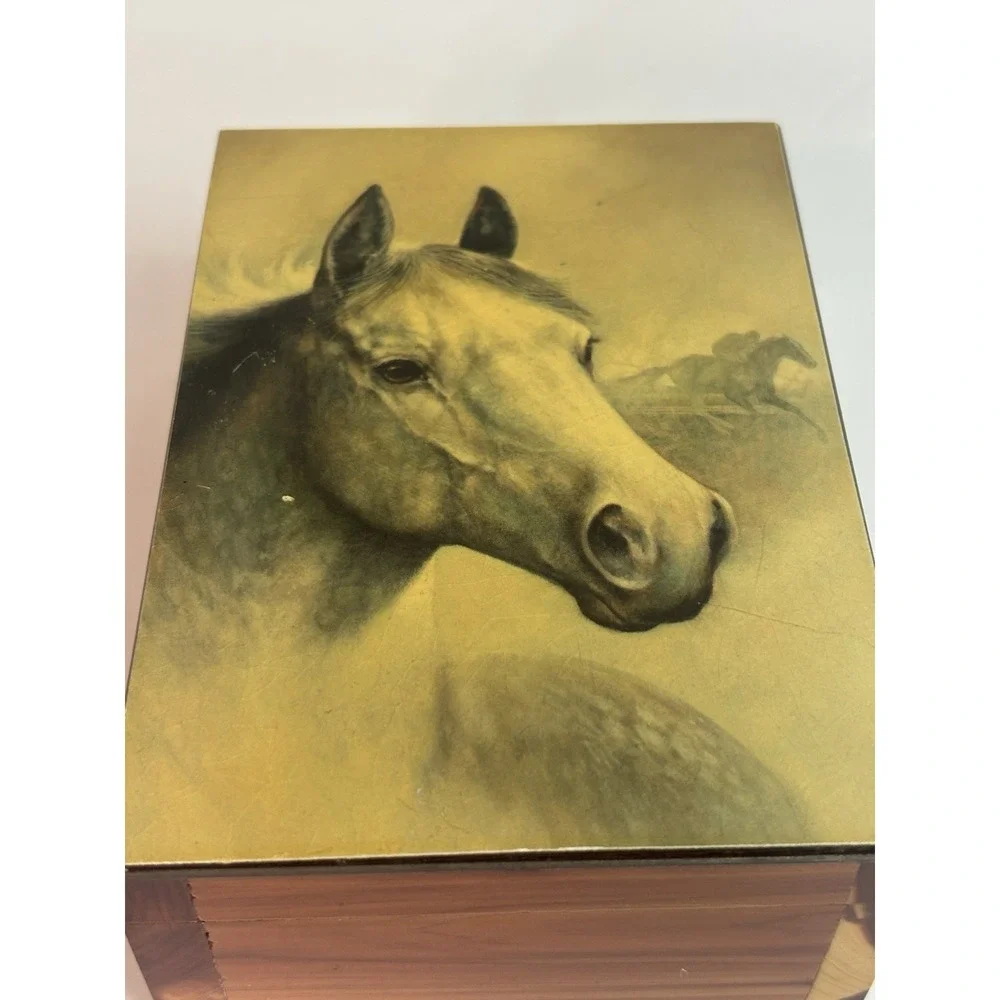 Cedar Wood Trinket Box With Horses Vintage 4x6